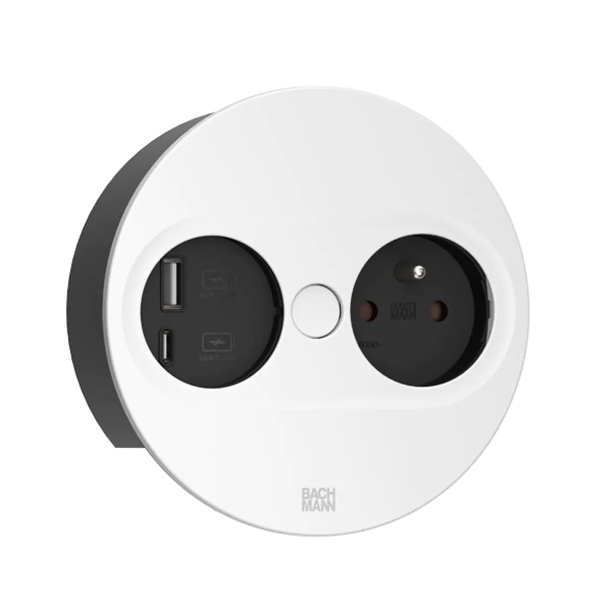 Bachmann 946.206, Type E + USB A + USB C, Desktop eingebettet, 4 cm, Tisch/Bank, Schwarz, Metall, Kunststoff