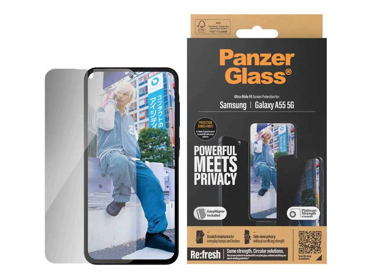 PanzerGlass - Bildschirmschutz für Handy - ultrabreite Passform - Glas - mit Sichtschutzfilter - für Samsung Galaxy A55