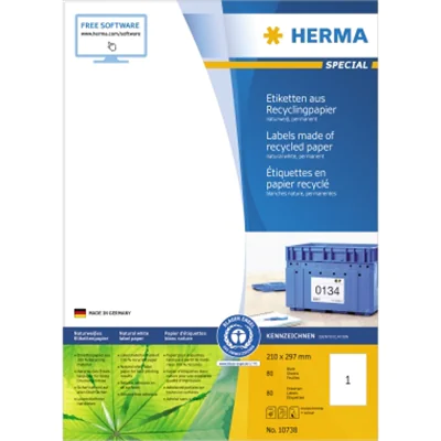 HERMA Universaletikett Recycling 210 x 297 mm (B x H) nicht wieder ablösbar Papier, 100 % recycelt naturweiß 80 Etik./Pack.