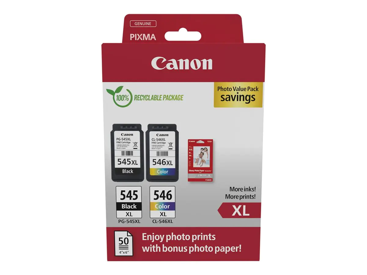 Canon PG-545XL/CL-546XL Photo Paper Value Pack - 2er-Pack - Hohe Ergiebigkeit - Schwarz, Farbe (Cyan, Magenta, Gelb) - original - Hängebox - Tintenpatrone / Papierkit - für PIXMA TR4551, TR4650, TR4651, TS3350, TS3351, TS3352, TS3355, TS3450, TS3451, TS34