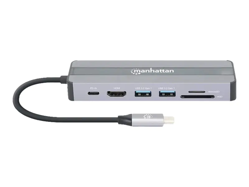Manhattan USB-C Dock/Hub with Card Reader, Ports (x5): Ethernet, HDMI, USB-A (x2) and USB-C, With Power Delivery (87W) to USB-C Port (Note add USB-C wall charger and USB-C cable needed), All Ports can be used at the same time - Dockingstation - USB-C 3.2