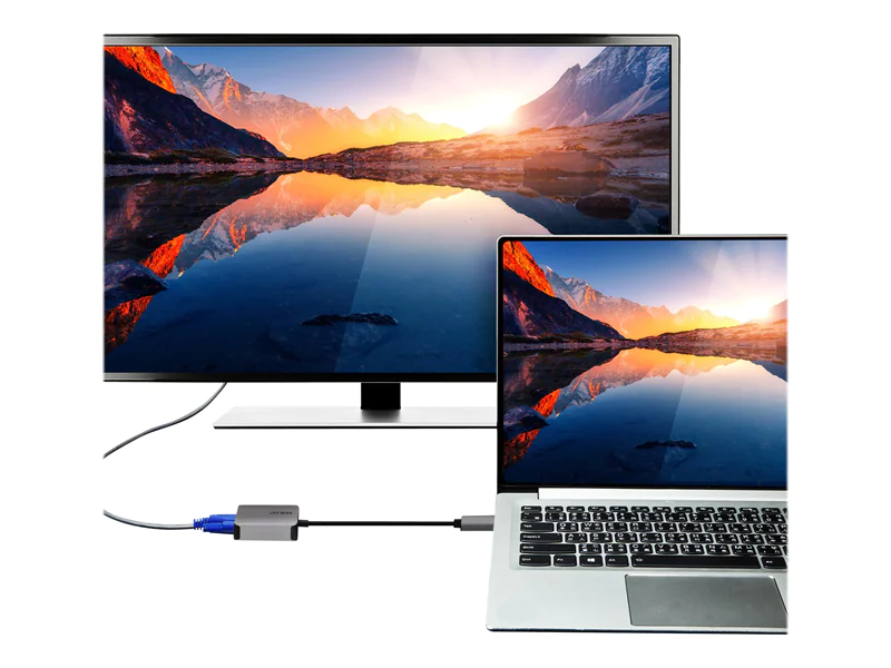 ATEN UC3002A - Videoadapter - 24 pin USB-C (M) zu HD-15 (VGA) (W) - USB 3.2 Gen 1 / Thunderbolt 3 / DisplayPort (Alt Mode) - 9.6 cm - 1920 x 1200 (WUXGA) Support - Schwarz