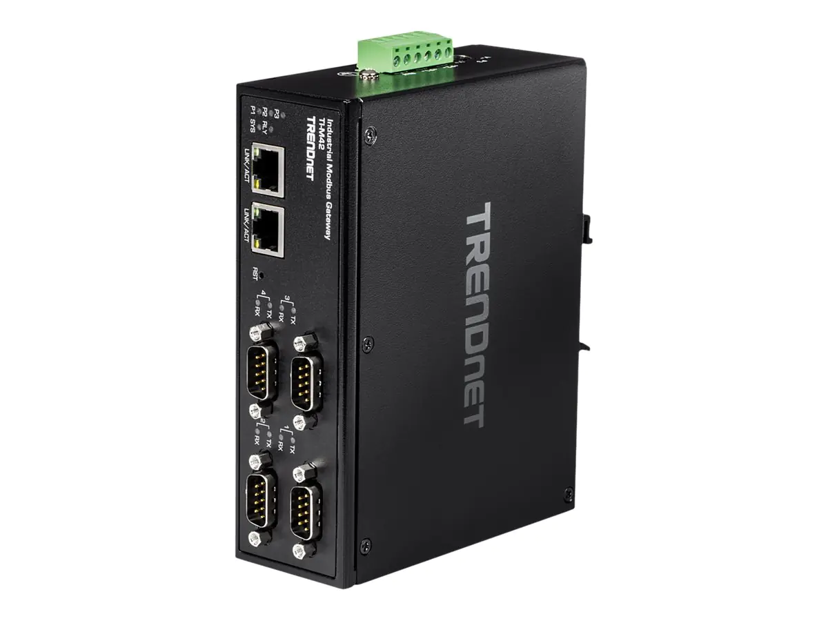 TRENDnet TI-M42 - Gateway - industriell - 4 Anschlüsse - 100Mb LAN, RS-232, RS-485, Modbus, RS-442 - Gleichstrom - Wand / DIN-Schienen montierbar - TAA-konform