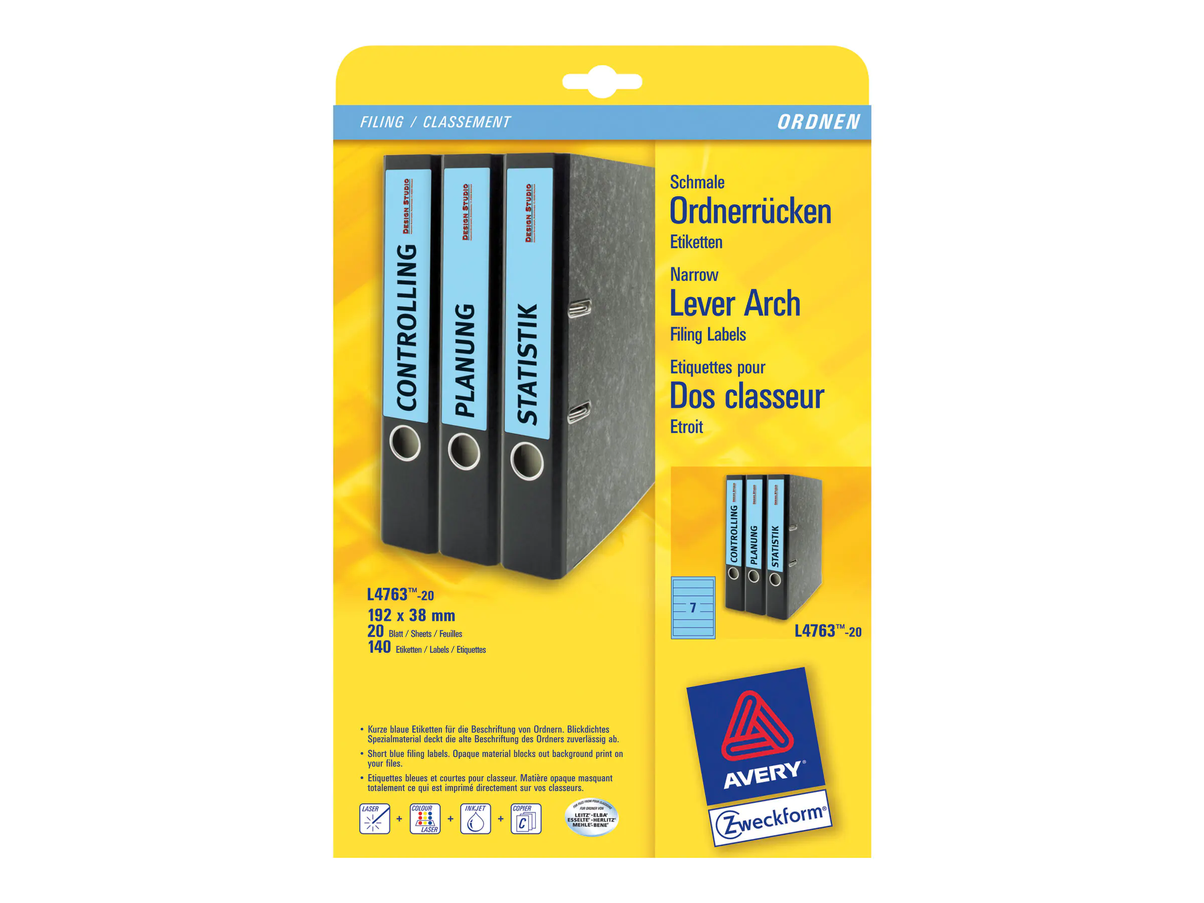 Avery Zweckform L4763 - Blau - 38 x 192 mm 140 L4763-20