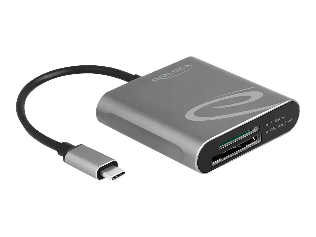Delock - Kartenleser (SDHC, SDXC, SDHC UHS-I, SDXC UHS-I, SDHC UHS-II, SDXC UHS-II, CFexpress 2.0 Type B, SD Express) - USB-C 3.2 Gen 2 - für Windows 11; Apple 11-inch iPad Pro; Microsoft Surface Pro 7; Windows 10
