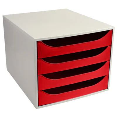 Exacompta Schubladenbox ECOBOX 4 Schubladen DIN A4, Überbreite Polystyrol Gehäusefarbe: grau Farbe der Schublade: rot Exacompta Schubladenbox ECOBOX 4 Schubladen DIN A4, Überbreite Polystyrol Gehäusefarbe: grau Farbe der Schublade: rot