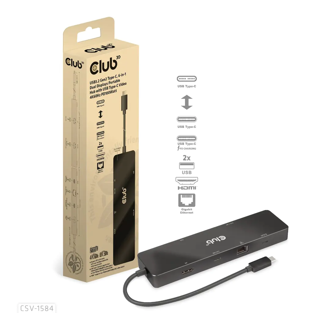 Club 3D 6-in-1 USB3.2 Gen2 Typ-C Dual Displays Portable Dock mit USB Typ-C Video 4K60Hz CSV-1584