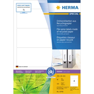 HERMA Ordnerrückenetikett Recycling breit/kurz 61 x 192 mm (B x H) selbstklebend ohne Griffloch naturweiß 320 Etik./Pack. HERMA Ordnerrückenetikett Recycling breit/kurz 61 x 192 mm (B x H) selbstklebend ohne Griffloch naturweiß 320 Etik./Pack.