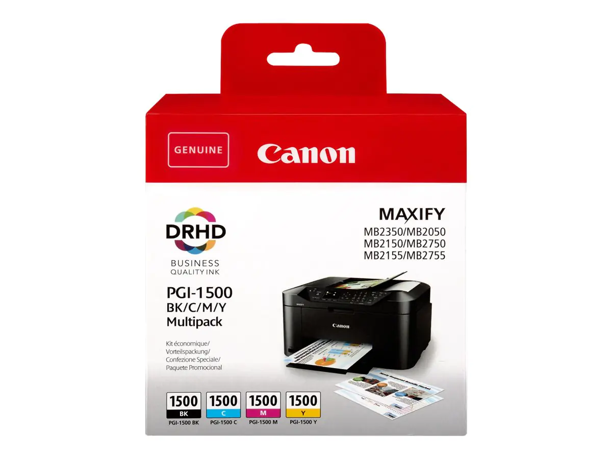 Canon PGI-1500 BK/C/M/Y Multipack - 4er-Pack - Schwarz, Gelb, Cyan, Magenta - Original - Tintenbehälter - für MAXIFY MB2050, MB2150, MB2155, MB2350, MB2750, MB2755