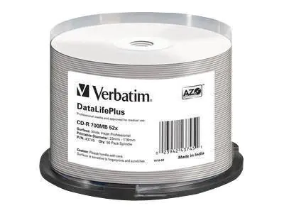 Verbatim DataLifePlus - 50 x CD-R - 700 MB 52x - weiß - mit Tintenstrahldrucker bedruckbare Oberfläche, breite bedruckbare Oberfläche - Spindel