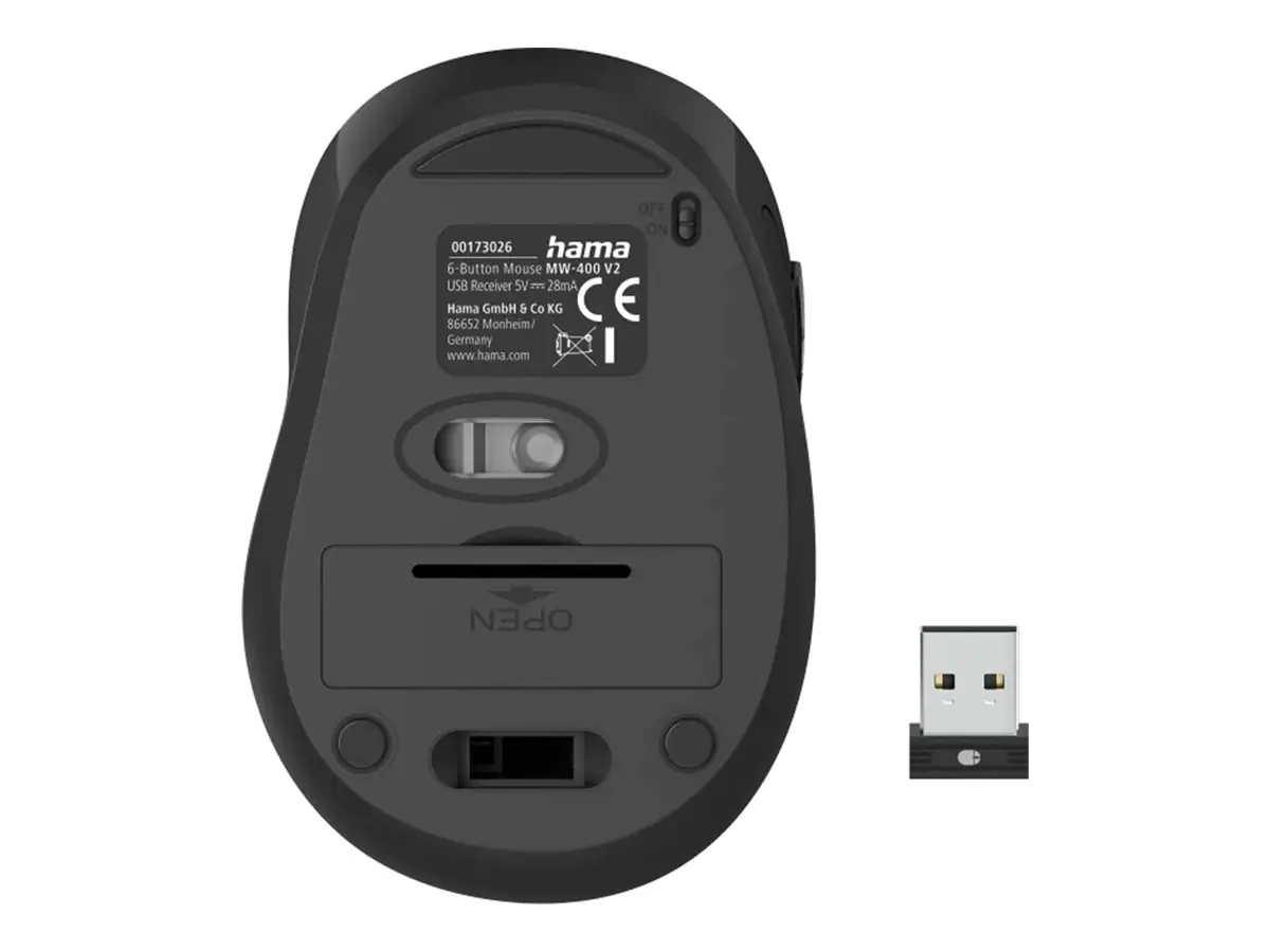 Hama MW-400 V2 - Maus - ergonomisch - Für Rechtshänder - optisch - 6 Tasten - kabellos - 2.4 GHz, RF - kabelloser Empfänger (USB) 00173026