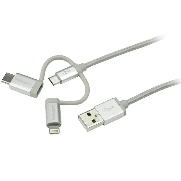 StarTech USB Lightning Kabel - USB-C Micro-B Laddekabel - 1m - geflochten - Silber - USB auf Lightning Kabel - USB zu USB C - USB-Kabel - USB (M) bis Micro-USB Typ B, Lightning, USB-C (M) - 1 m - Silber StarTech USB Lightning Kabel - USB-C Micro-B Laddekabel - 1m - geflochten - Silber - USB auf Lightning Kabel - USB zu USB C - USB-Kabel - USB (M) bis Micro-USB Typ B, Lightning, USB-C (M) - 1 m - Silber