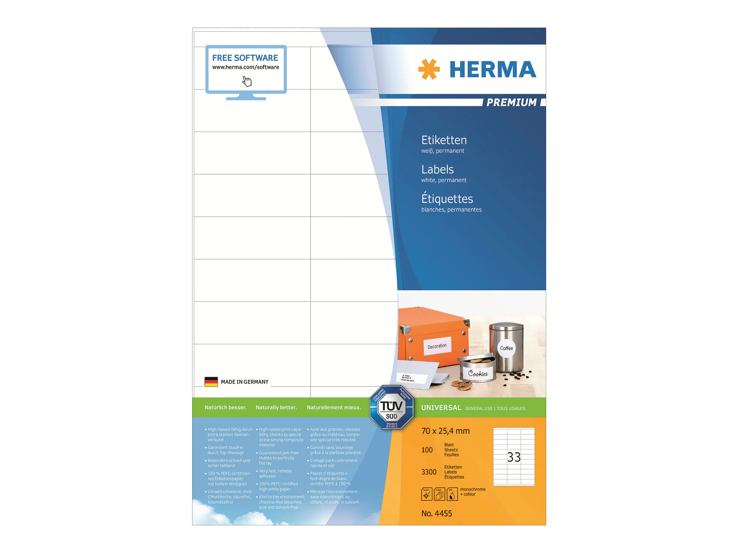 HERMA Etikett PREMIUM 4455 70x25,4mm weiß 3.300 St./Pack.