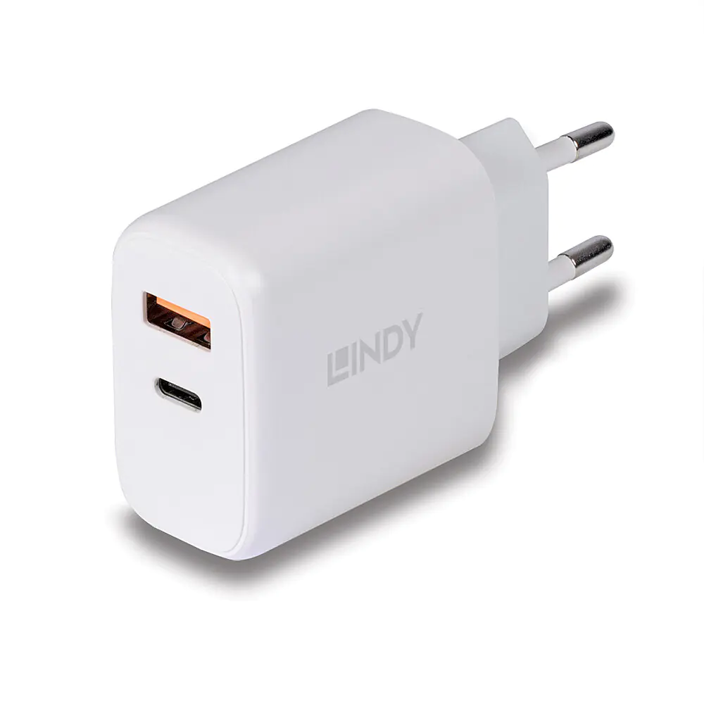 Lindy - Netzteil - 30 Watt - 3 A - PD 3.0 - 2 Ausgabeanschlussstellen (4-polig USB Typ A / 24-polig USB-C) - weiß Lindy - Netzteil - 30 Watt - 3 A - PD 3.0 - 2 Ausgabeanschlussstellen (4-polig USB Typ A / 24-polig USB-C) - weiß