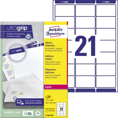 Avery Zweckform Adressetikett ultragrip 63,5 x 38,1 mm (B x H) Papier weiß 2.100 Etik./Pack. Avery Zweckform Adressetikett ultragrip 63,5 x 38,1 mm (B x H) Papier weiß 2.100 Etik./Pack.