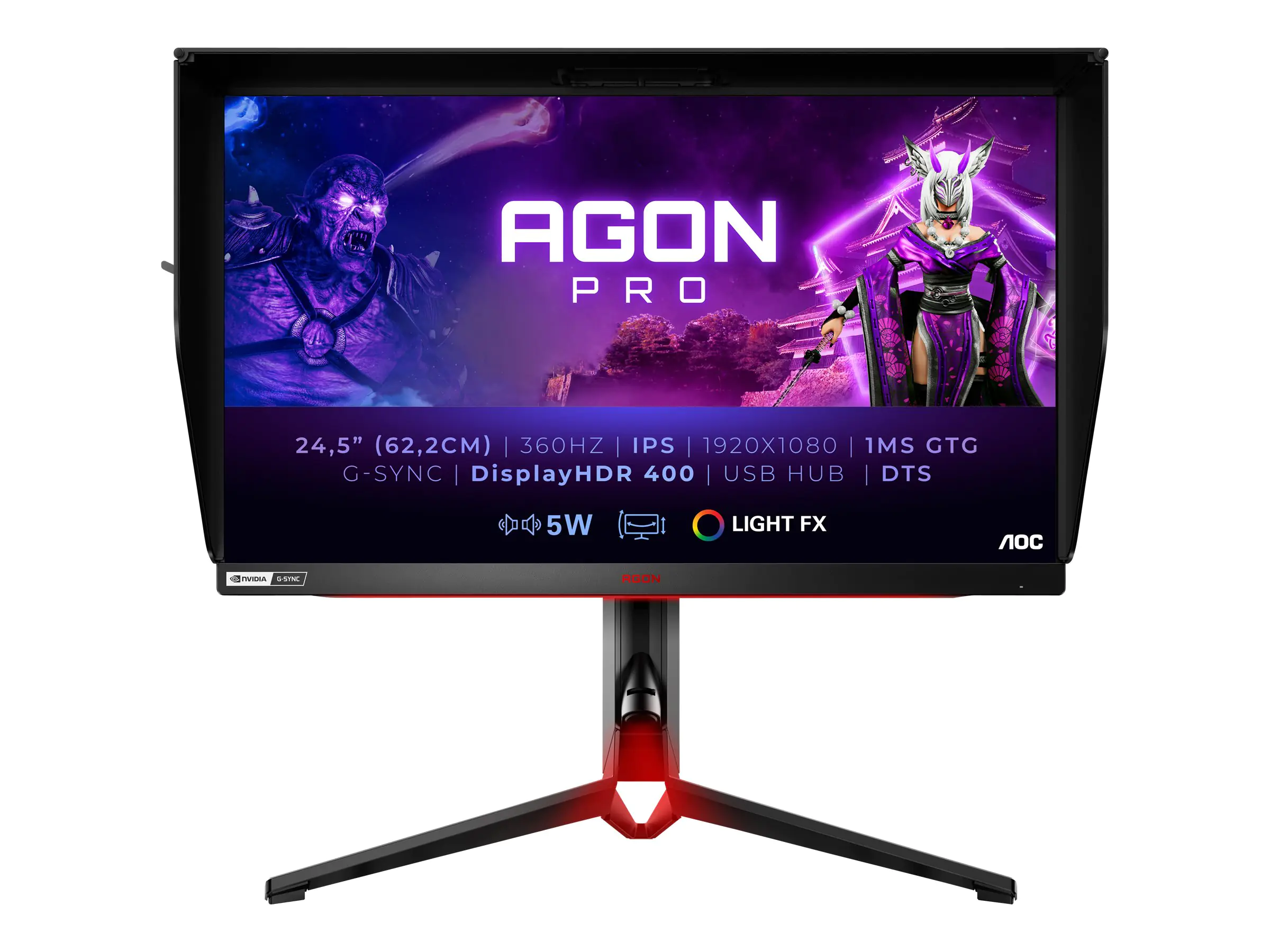 AOC Gaming AG254FG - AGON Series - LED-Monitor - Gaming - 62.23 cm (24.5") - 1920 x 1080 Full HD (1080p) @ 360 Hz - IPS - 400 cd/m² - 1000:1 - DisplayHDR 400 - 1 ms - 2xHDMI, DisplayPort - Lautsprecher - Rot, Black Texture