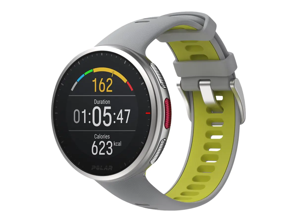POLAR Vantage V2 - Silber - Sportuhr mit Band - Silikon - Gray/Lime - Bandgröße: M/L - Anzeige 3 cm (1.2") - Bluetooth - 52 g