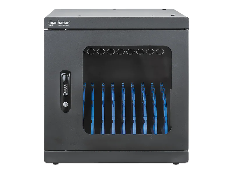 Manhattan Charging Cabinet/Cart via AC Adapter (EU) x10 Devices, Desktop/Wall, Using supplied AC Adapter (power cables) included with device, Suitable for iPads/other tablets/phones/laptops (up to 15.6"), Bays 400x29x282mm, Wall Mountable, Stackable, EU 2