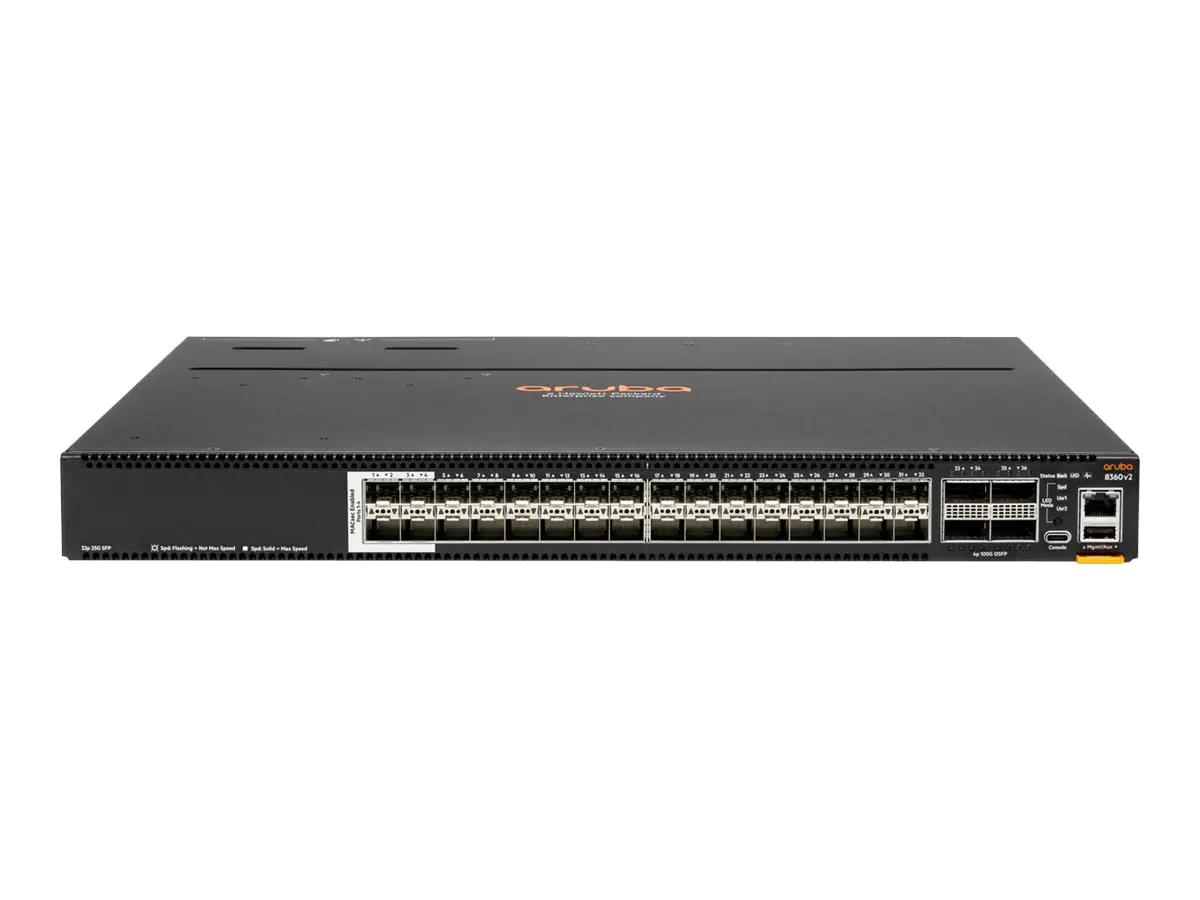 HPE Aruba CX 8360-32Y4C - Switch - L3 - managed - 32 x 1/10/25 Gigabit Ethernet SFP / SFP+ / SFP28 + 4 x 40/100 Gigabit QSFP+ / QSFP28 - Luftstrom von vorne nach hinten - an Rack montierbar - AC