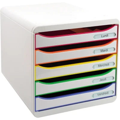 Exacompta Schubladenbox BIG-BOX plus 5 Schubladen DIN A4, Überbreite Polystyrol Gehäusefarbe: weiß Farbe der Schublade: weiß/harlekin Exacompta Schubladenbox BIG-BOX plus 5 Schubladen DIN A4, Überbreite Polystyrol Gehäusefarbe: weiß Farbe der Schublade: weiß/harlekin