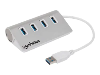 Manhattan USB-A 4-Port Hub, 4x USB-A Ports, 5 Gbps (USB 3.2 Gen1 aka USB 3.0), Bus Powered, Fast charging up to 0.9A, SuperSpeed USB, Aluminium Housing, Windows and Mac, Silver, Three Year Warranty, Blister - Hub - 4 x SuperSpeed USB 3.0 - Desktop Manhattan USB-A 4-Port Hub, 4x USB-A Ports, 5 Gbps (USB 3.2 Gen1 aka USB 3.0), Bus Powered, Fast charging up to 0.9A, SuperSpeed USB, Aluminium Housing, Windows and Mac, Silver, Three Year Warranty, Blister - Hub - 4 x SuperSpeed USB 3.0 - Desktop