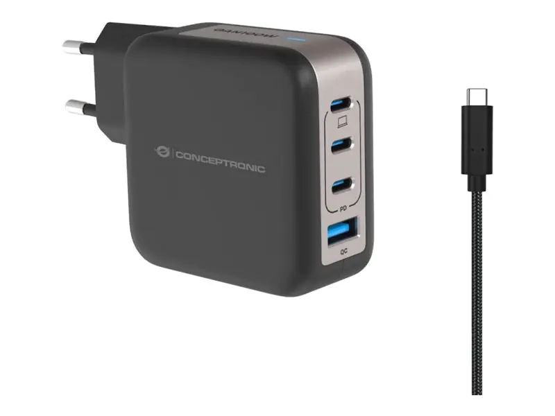 Conceptronic Netzteil - GaN - 100 watt - 5 A - QC 3.0, Power Delivery 3.0 + PPS - 4 Ausgabeanschlussstellen (3 x USB-C, USB) ALTHEA18B
