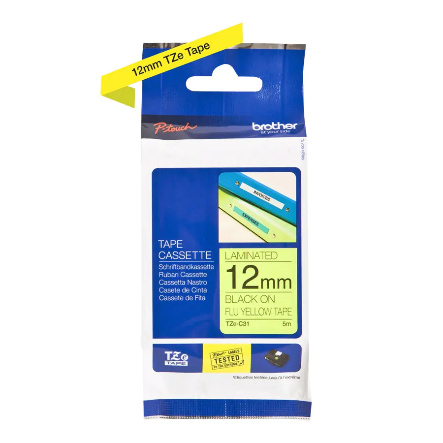Brother TZe-C31 - Schwarz auf Neongelb - Rolle (1,2 cm x 5 m) 1 Kassette(n) laminiertes Band - für Brother PT-D210, D600, H110; P-Touch PT-1005, 1010, D450, D800, H110, P300, P900, P950
