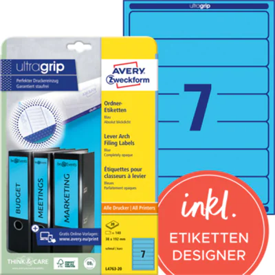 Avery Zweckform Ordneretikett L4763-20 38x192mm bl 140 St./Pack. Avery Zweckform Ordneretikett L4763-20 38x192mm bl 140 St./Pack.