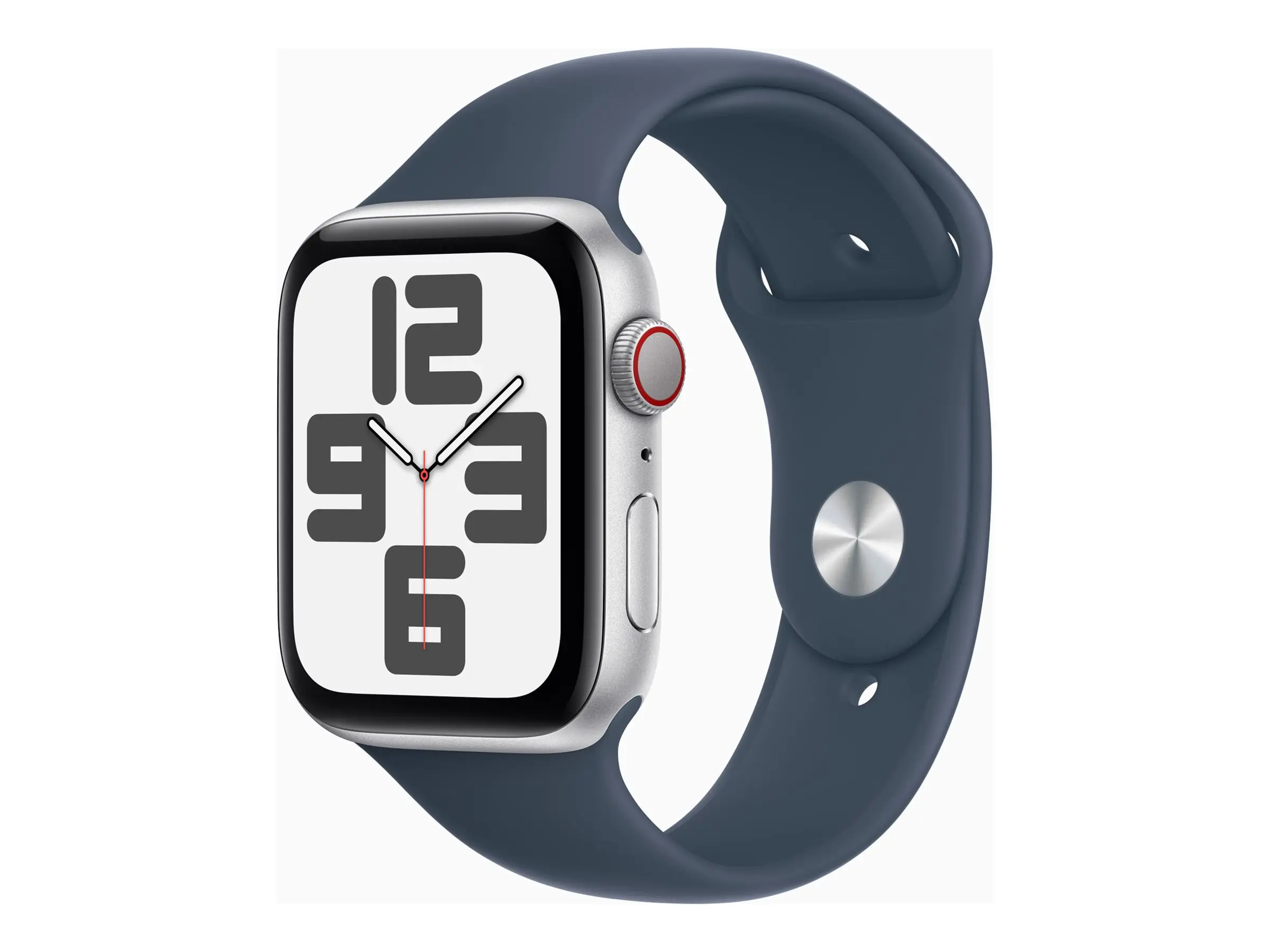 Apple Watch SE (GPS + Cellular) - 44 mm - Aluminium, Silber - intelligente Uhr mit Sportband - Flouroelastomer - Storm Blue - Bandgröße: S/M - 32 GB - Wi-Fi, LTE, Bluetooth - 4G - 33 g
