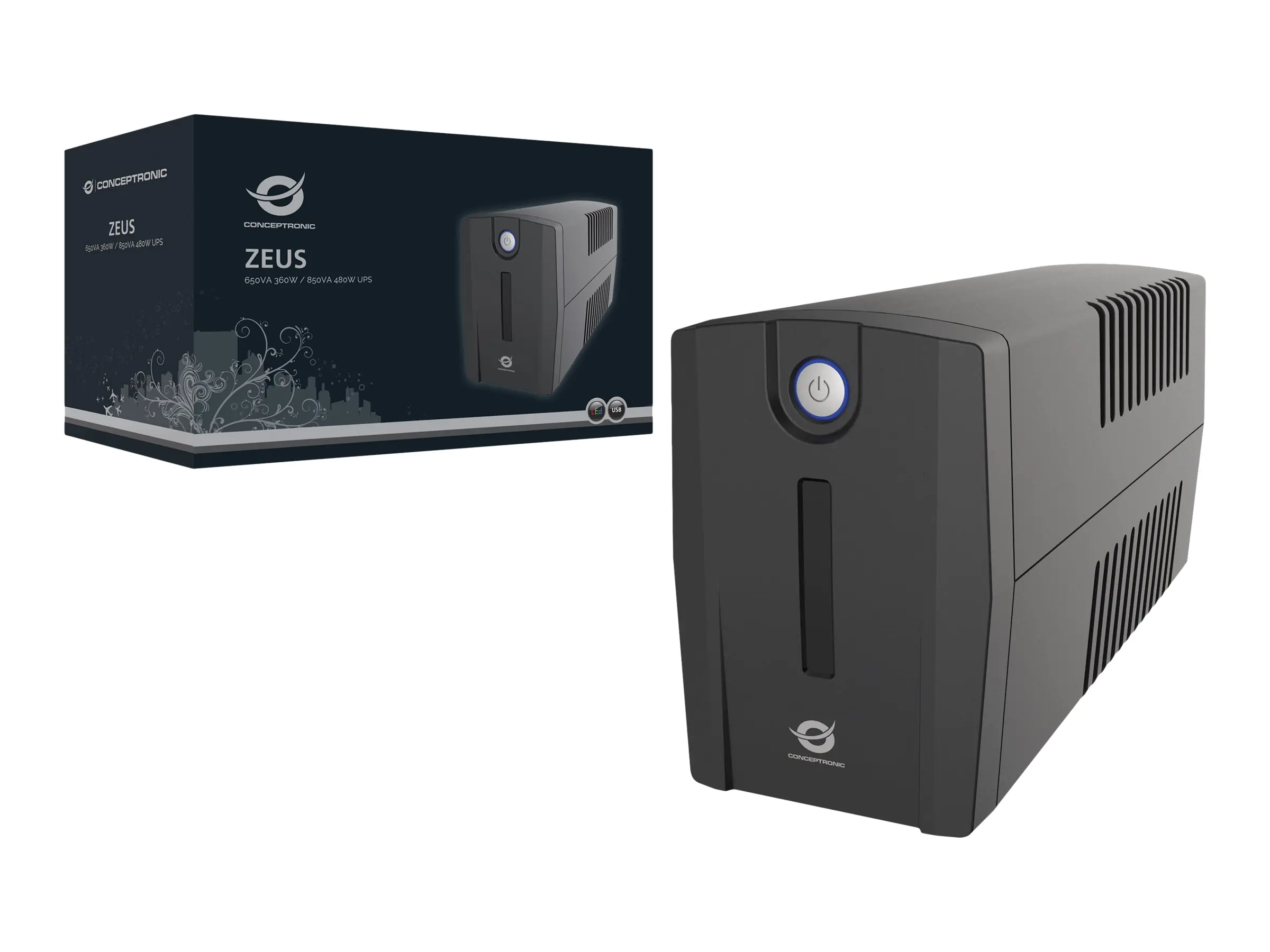 Conceptronic Zeus 02ESP - USV - Wechselstrom 220-240 V - 480 Watt - 850 VA - 7.5 Ah - USB - Ausgangsanschlüsse: 2 - Schwarz
