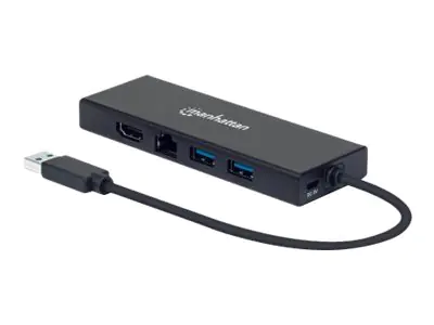 Manhattan USB-A Dock/Hub, Ports (x5): Ethernet, HDMI, USB-A (x2) and VGA, Micro-USB Power Input Port (Optional, only when additional power needed. Not required for dual monitor functionality. Cable not included), Aluminium, Black, Three Year Warranty, Ret