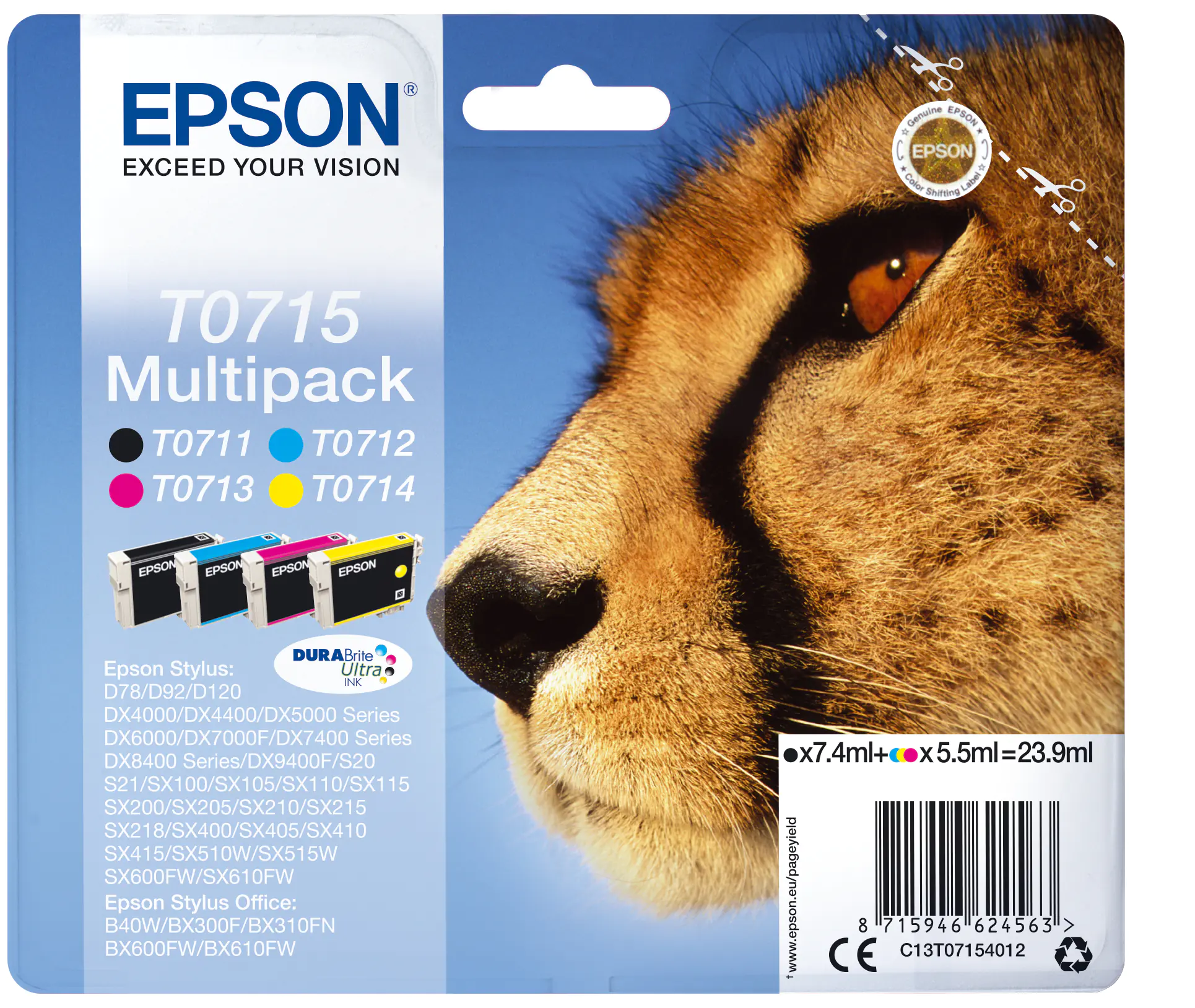 Epson T0715 Multipack - 4er-Pack - 23.9 ml - Schwarz, Gelb, Cyan, Magenta - Original - Tintenpatrone - für Stylus DX9400, SX115, SX210, SX215, SX218, SX415, SX515, SX610; Stylus Office BX310, BX610 Epson T0715 Multipack - 4er-Pack - 23.9 ml - Schwarz, Gelb, Cyan, Magenta - Original - Tintenpatrone - für Stylus DX9400, SX115, SX210, SX215, SX218, SX415, SX515, SX610; Stylus Office BX310, BX610