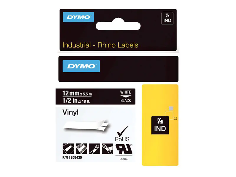 Dymo Rhino Coloured Vinyl - Vinyl - permanenter Klebstoff - Weiß auf Schwarz - Rolle (1,2 cm x 5,5 m)