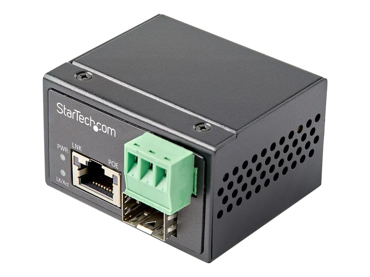 StarTech.com PoE + Industrial Media Converter 30W - Medienkonverter LWL Kupfer - Singlemode-/Multimode Glasfaser auf Kupfer Gigabit Ethernet - Mini/Kompaktgröße - IP-30/ -40°C bis 75°C (IMC1GSFP30W)