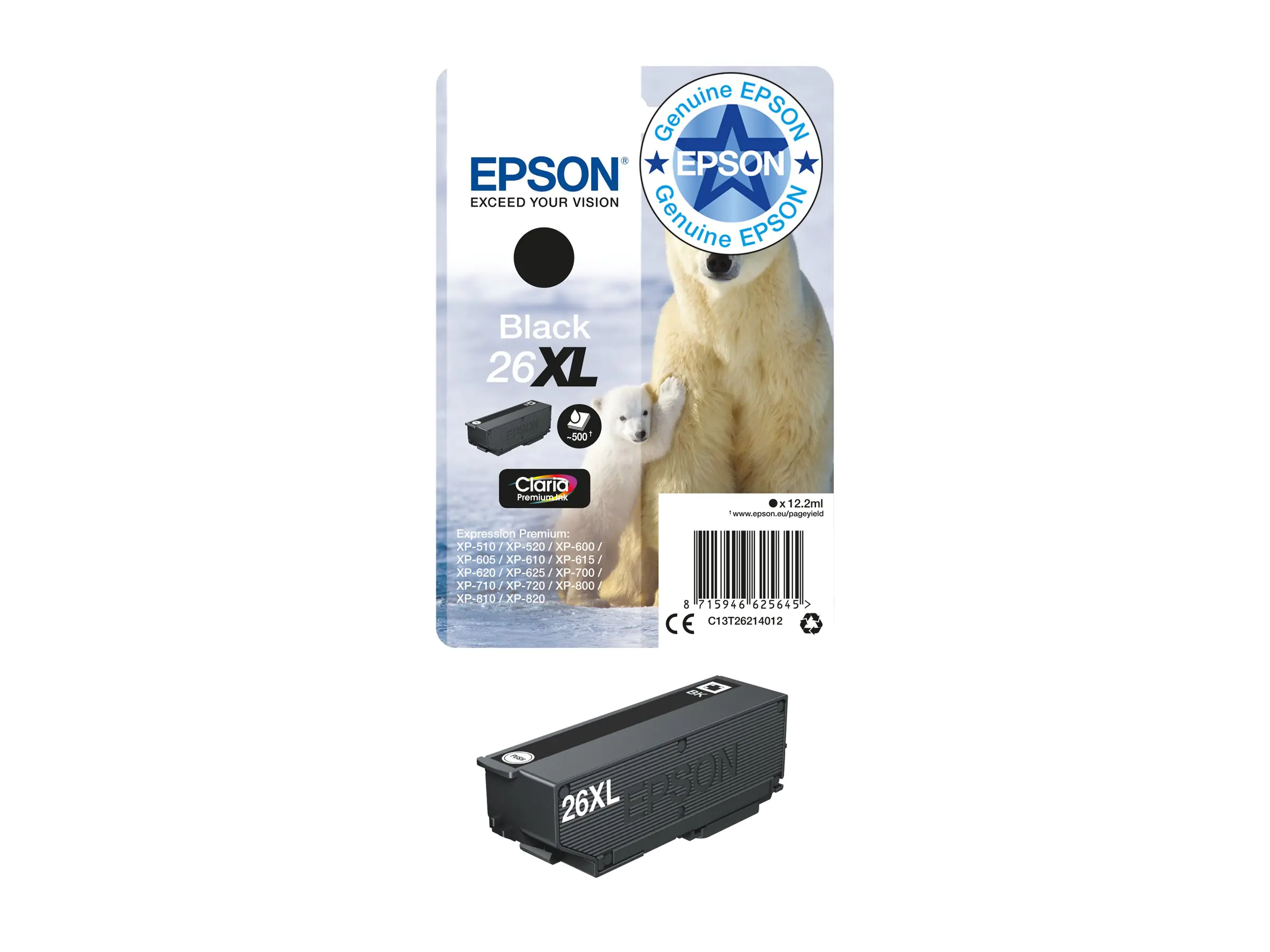 Epson 26XL - 12.2 ml - XL - Schwarz - Original - Blisterverpackung - Tintenpatrone - für Expression Premium XP-510, 520, 600, 605, 610, 615, 620, 625, 700, 710, 720, 800, 810, 820