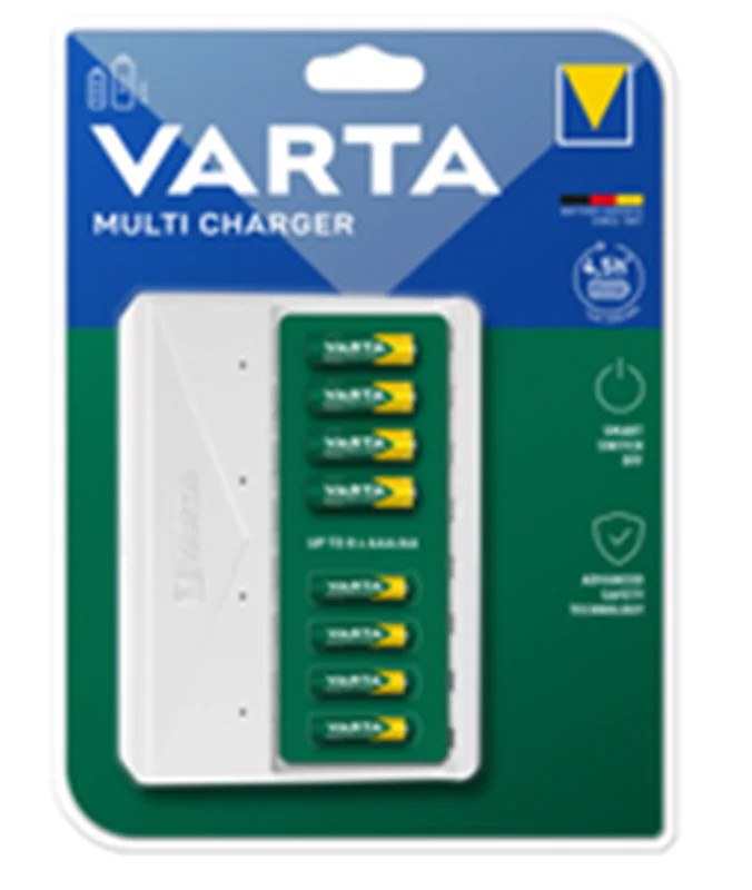 Varta Akku Ladegerät, Batterieladegerät für wiederaufladbare AA/AAA, bis zu 8 Akku, Multi Charger, inkl. USB-Typ C Ladekabel, unbestückt, Nickel-Metallhydrid (NiMH), Kurzschluß, AA, AAA 57659101401