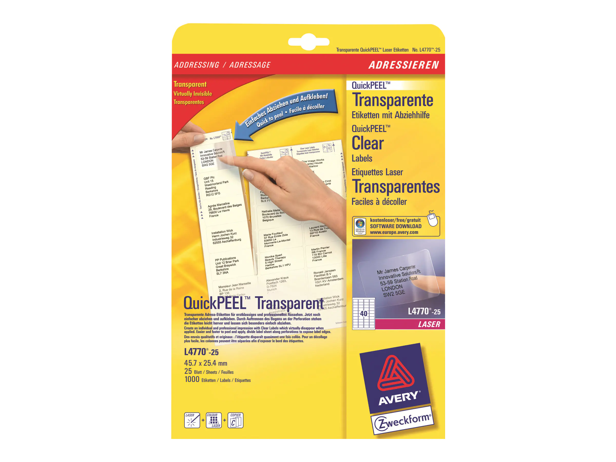 Avery Zweckform Adressetikett L4770-25 transparent 1000 St./Pack.