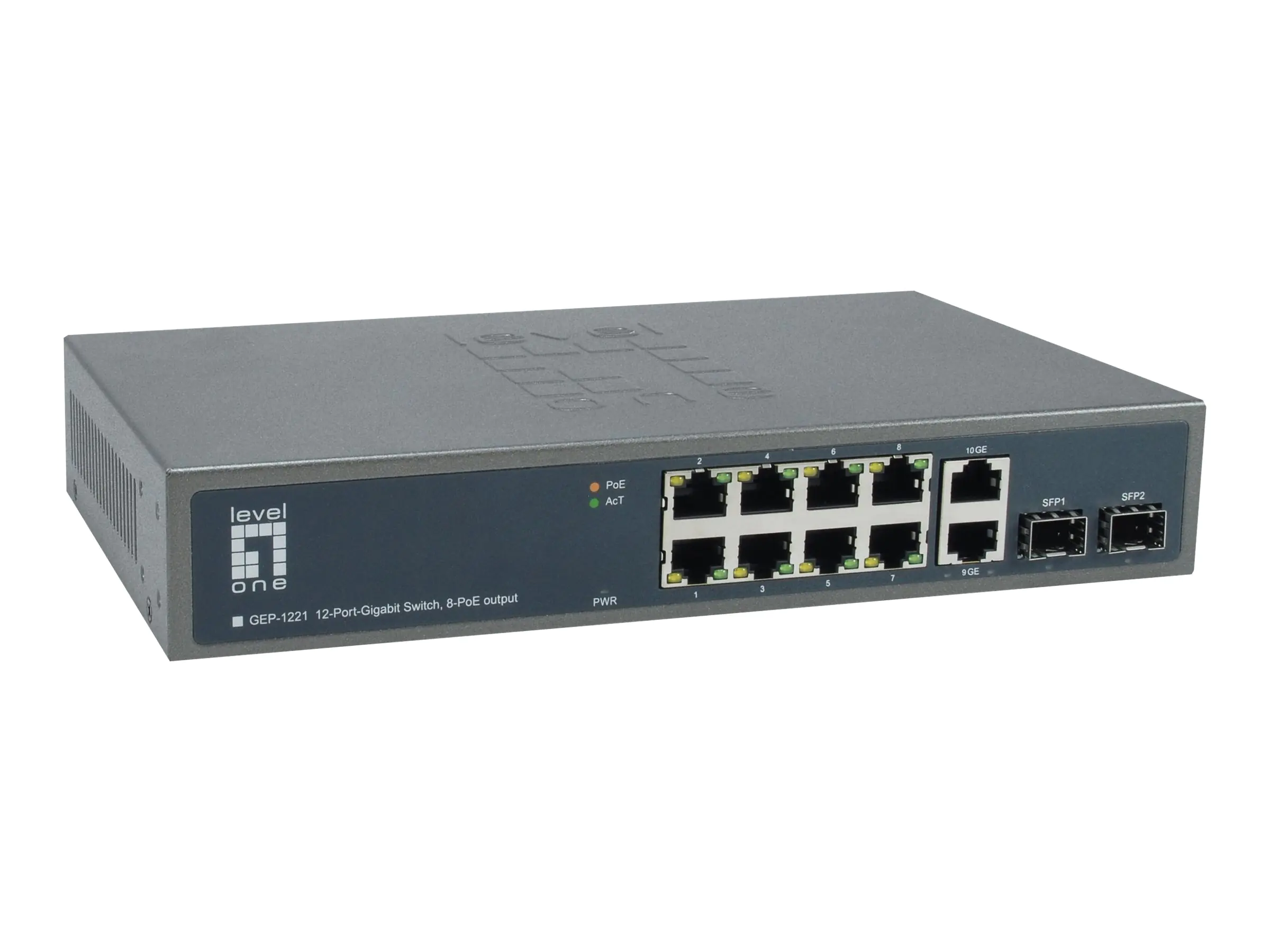 LevelOne GEP-1221 - Switch - unmanaged - 8 x 10/100/1000 (PoE+) + 2 x Gigabit SFP + 2 x 1000Base-T - an Rack montierbar - PoE+ (150 W)