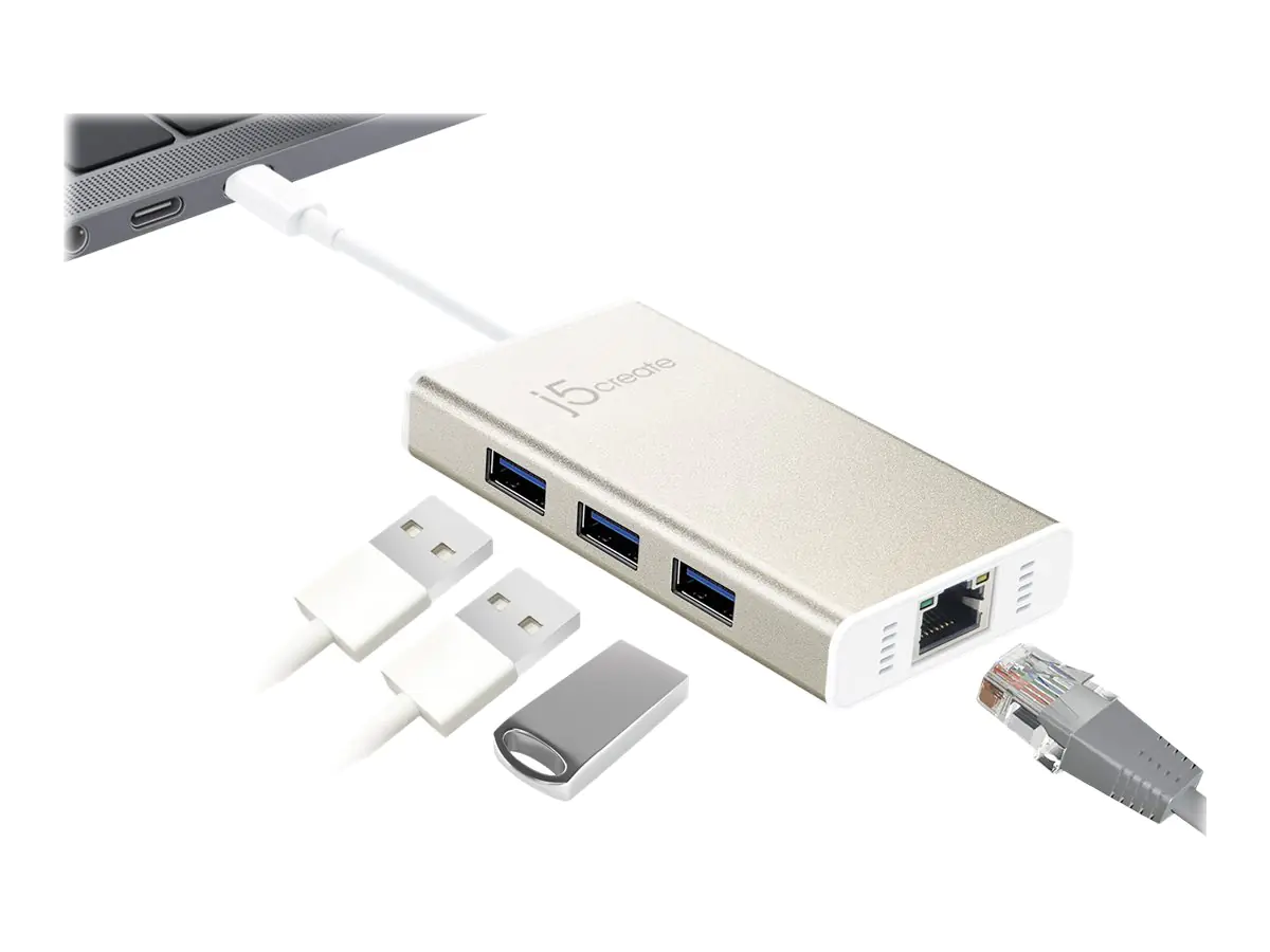 j5create JCH471-N USB-C™ Gigabit Ethernet & Hub Multi Adapter, Kabelgebunden, USB Typ-C, 10,100,1000 Mbit/s, IEEE 802.1Q, IEEE 802.3, IEEE 802.3ab, IEEE 802.3az, IEEE 802.3u, IEEE 802.3x, Aluminium, Weiß, 5 Gbit/s