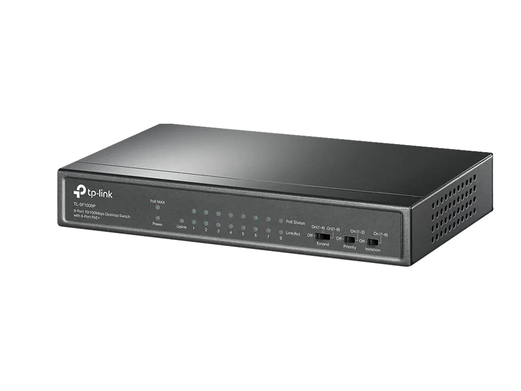 TP-Link TL-SF1009P V5 - Switch - unmanaged - 8 x 10/100 (PoE+) + 1 x 10/100 - Desktop, wandmontierbar - PoE+ (65 W)