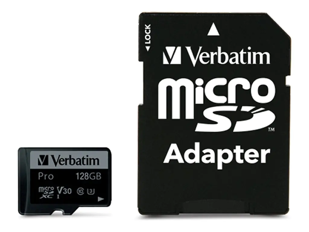 Verbatim PRO - Flash-Speicherkarte (microSDXC-an-SD-Adapter inbegriffen) - 128 GB - Video Class V30 / UHS-I U3 / Class10 - 300x/600x - microSDXC UHS-I