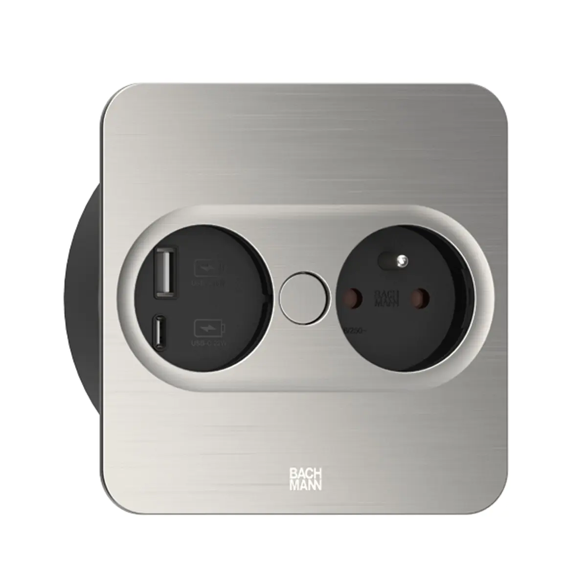 Bachmann 946.007, Type E + USB A + USB C, Desktop eingebettet, 4 cm, Tisch/Bank, Edelstahl, Metall, Kunststoff
