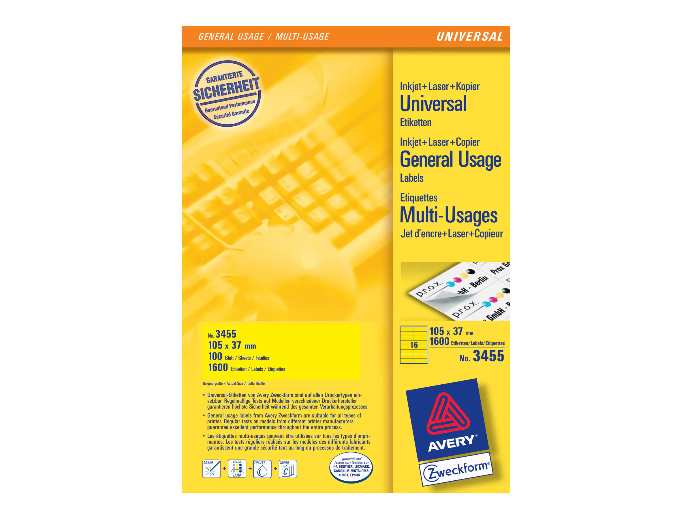 Avery Zweckform Universaletikett 3455 105x37mm gelb 1600 St./Pack.