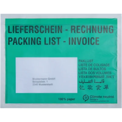 Dokumententasche Lieferschein-Rechnung, mehrsprachig DIN C6 175 x 135 mm (B x H) Pergamynpapier grün 250 St./Pack. Dokumententasche Lieferschein-Rechnung, mehrsprachig DIN C6 175 x 135 mm (B x H) Pergamynpapier grün 250 St./Pack.