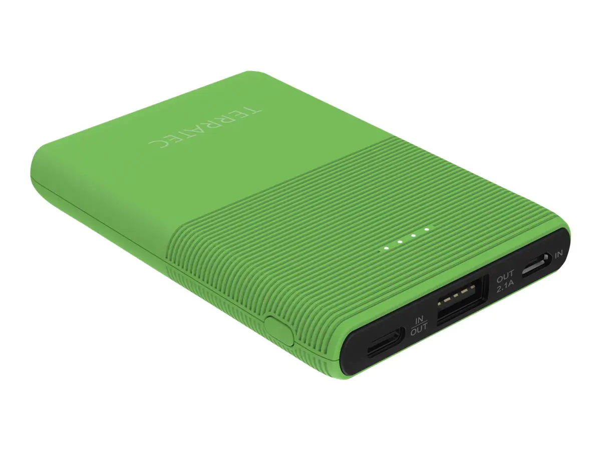 TERRATEC P50 Pocket - Powerbank - 5000 mAh - 2.1 A - 2 Ausgabeanschlussstellen (USB, USB-C) - Grüner Blitz