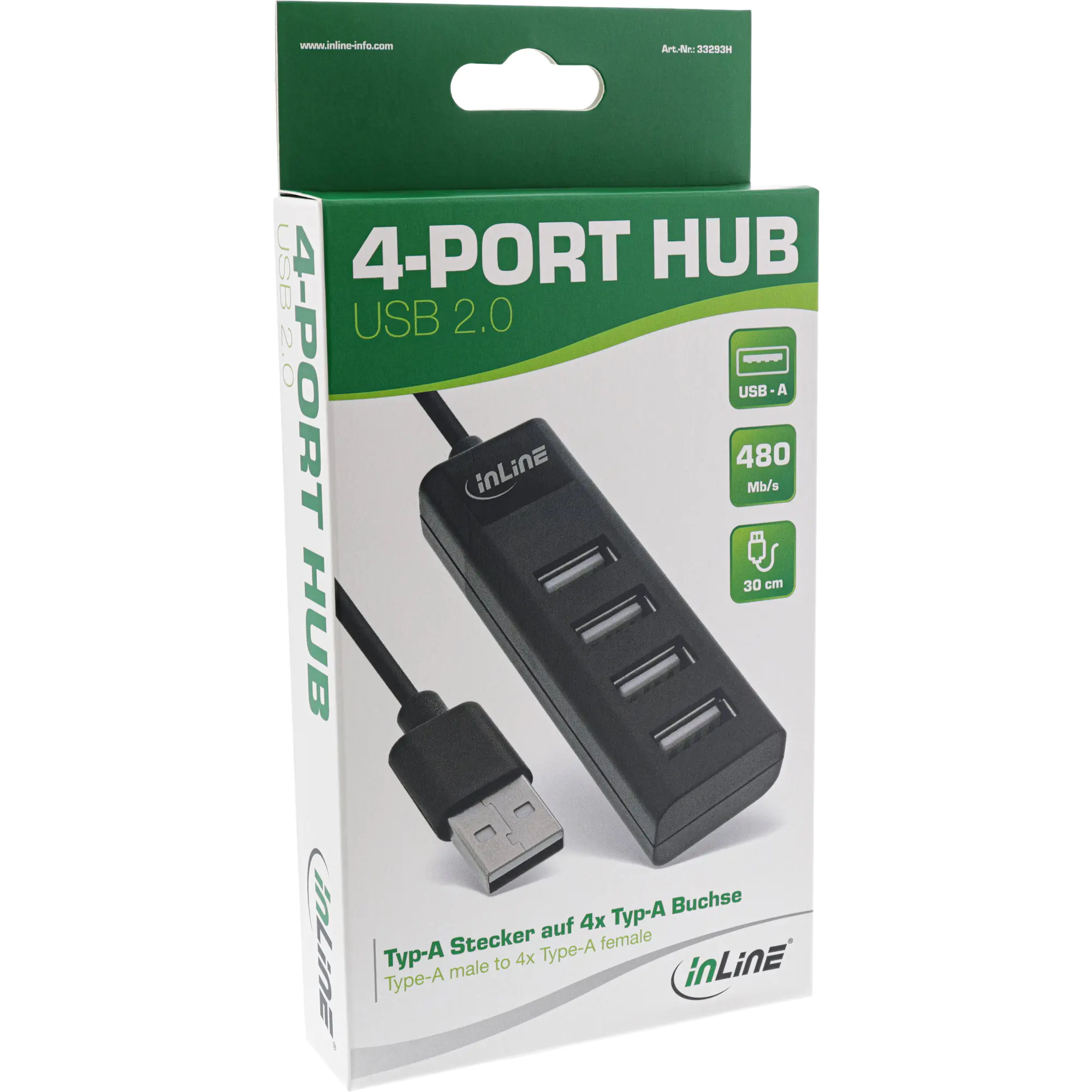 InLine USB 2.0 Hub - 4 Port - schwarz - mit USB DC Kabel - Kabel 30cm - schmal 33293H