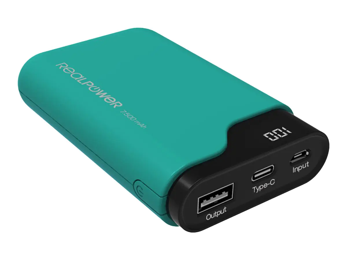 Realpower PB-7500C - Powerbank - 7500 mAh - 27 Wh - 2.1 A - 2 Ausgabeanschlussstellen (USB, 24 pin USB-C) - auf Kabel: Micro-USB, USB-C - grün
