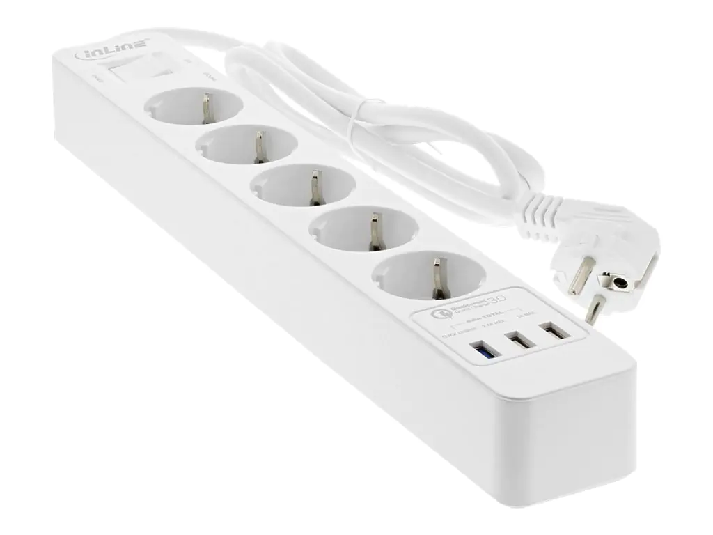 InLine - Steckdosenleiste - AC 220-250 V - 4000 Watt - Ausgangsanschlüsse: 5 (3 x USB Typ A, 5 x Strom Typ F) - 1.5 m Schnur - Deutschland - weiß