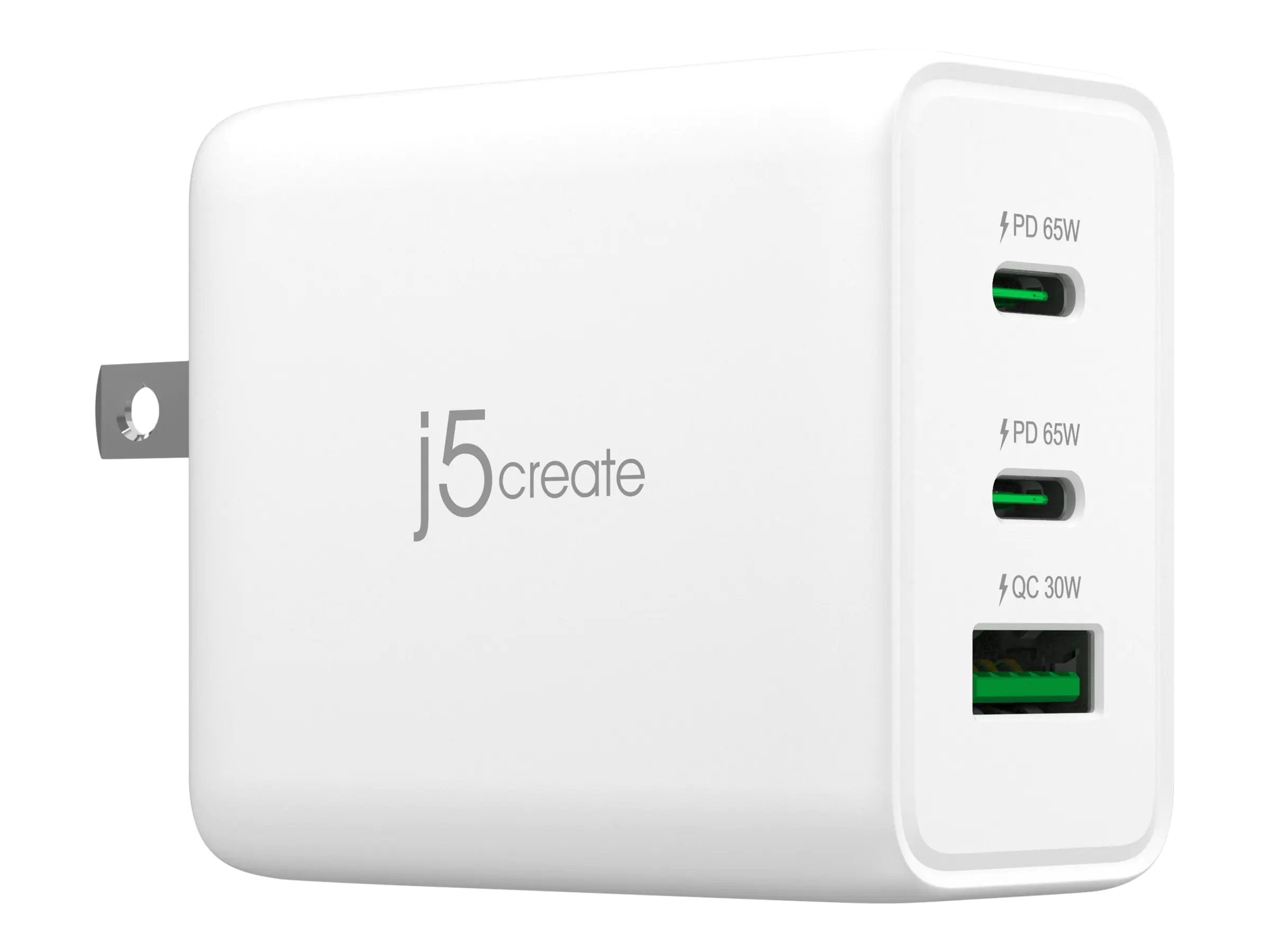 J5Create - Netzteil - GaN-Technologie - 65 Watt - 4.5 A - PD 3.0, QC 3.0 - 3 Ausgabeanschlussstellen (USB Typ A, 2 x USB-C) - weiß - Europäische Union