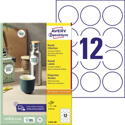Avery Zweckform Etikett L3416-100 60mm rund 1200 St./Pack. Avery Zweckform Etikett L3416-100 60mm rund 1200 St./Pack.